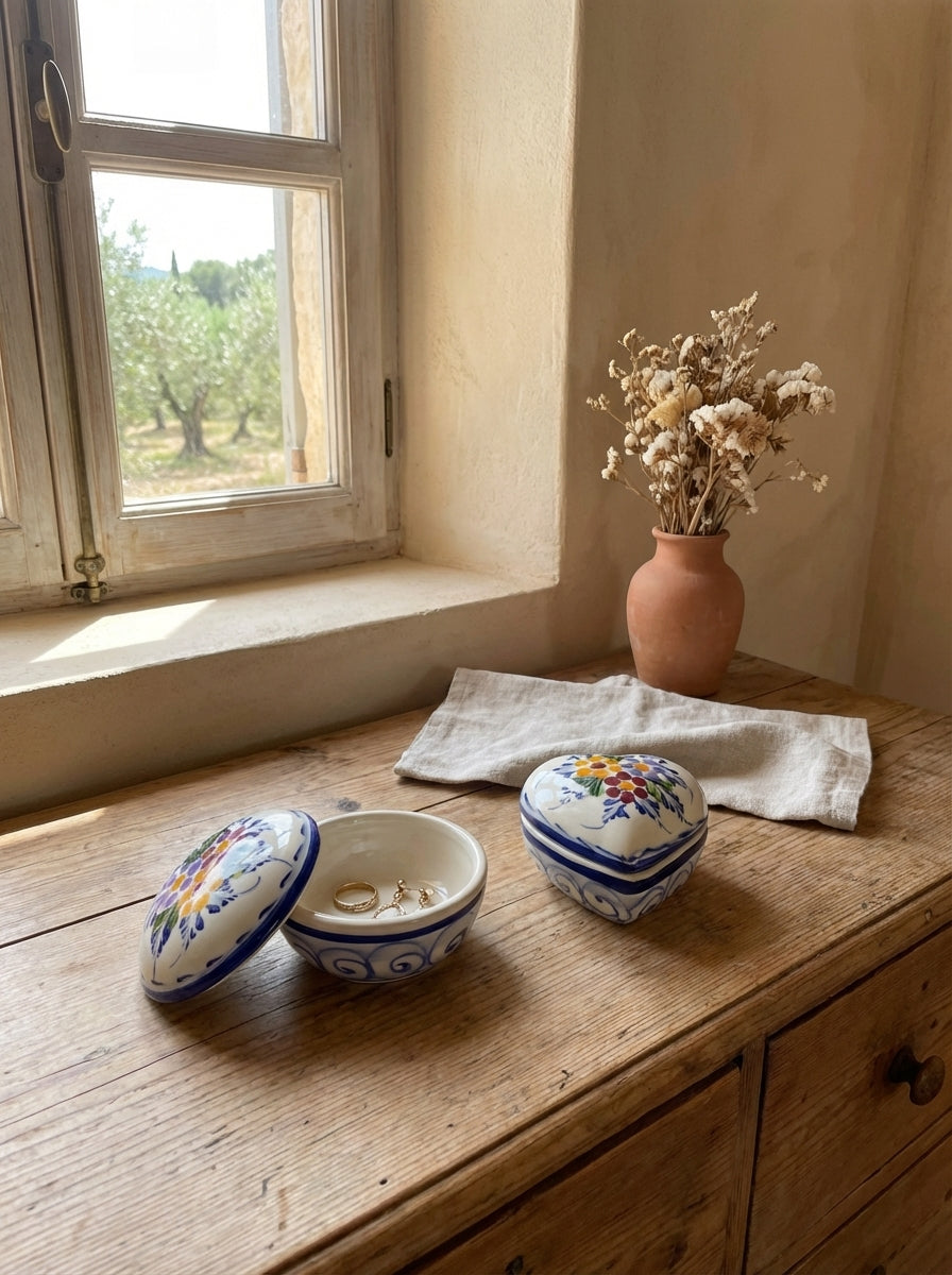 Coffret à bijoux rond et cœur, motif floral du Portugal 