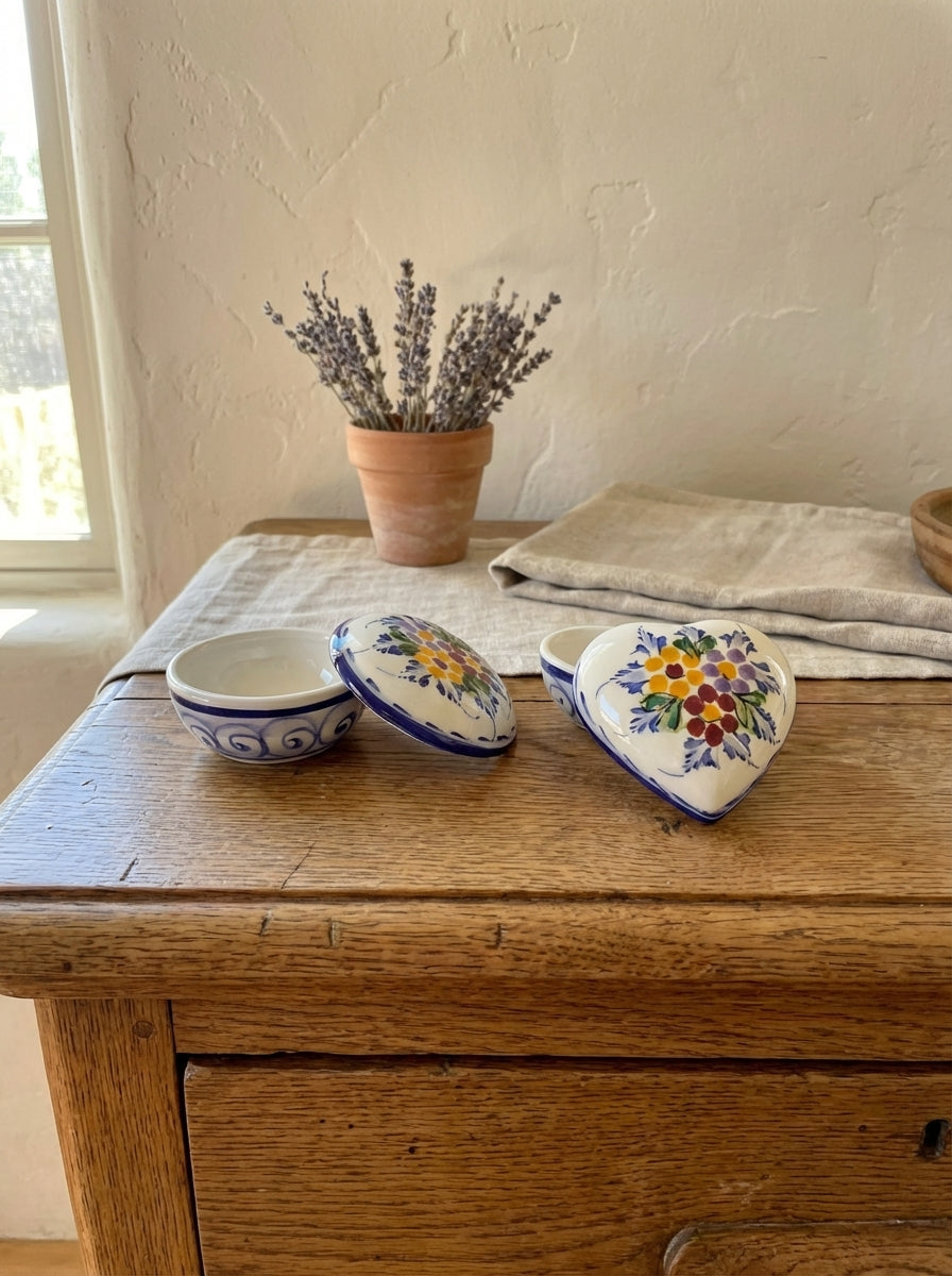 Coffret à bijoux rond et cœur, motif floral du Portugal 