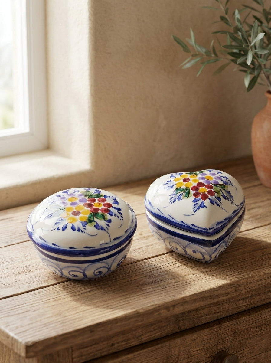 Coffret à bijoux rond et cœur, motif floral du Portugal 